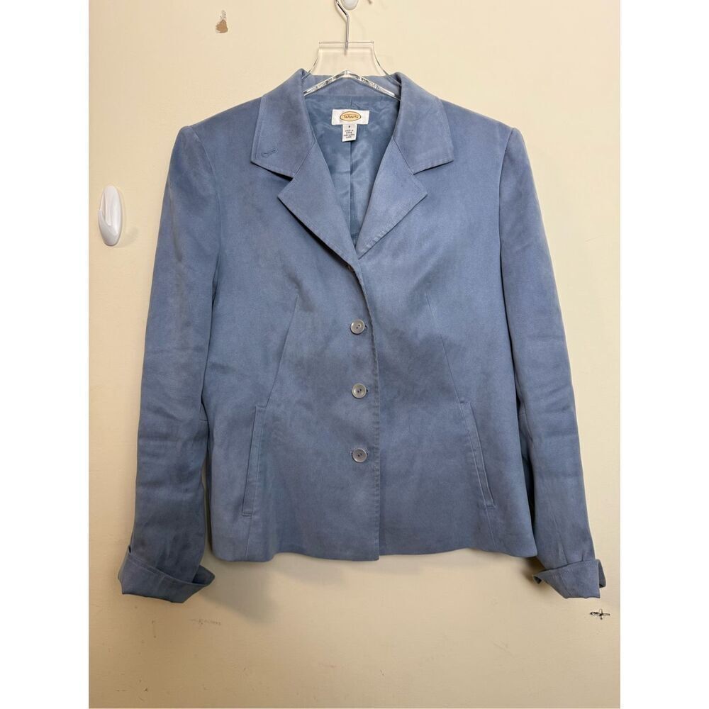 Talbots Blazer Jacket Size 8 Light Blue Faux Suede Pockets Button Front